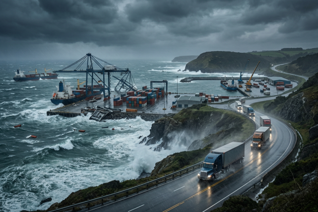 صورة تم توليدها بالذكاء الاصطناعي تُظهر ثلاث شاحنات نقل بيضاء اللون تابعة لشركة لوجستيات تسير على طريق ساحلي متعرج ورطب على طول منحدر صخري شاهق. في الخلفية، تظهر أمواج بحر هائجة ومضطربة تتكسر على الشاطئ تحت سماء رمادية مليئة بسحب ركامية داكنة وهطول مطر كثيف. في الأفق، يظهر ميناء حاويات صغير ترسو فيه سفينة حاويات ورافعات حاويات عملاقة. على طول الطريق الساحلي، تظهر تلال خضراء وبعض المباني الصناعية. الشاحنات تسير في اتجاه الميناء، مضاءة بمصابيحها الأمامية. تصميم الشاحنات تقليدي مع مقطورات مغلقة. المشهد درامي ومليء بالإثارة والتحدي. اضغط لعرض الصورة بحجم كامل.