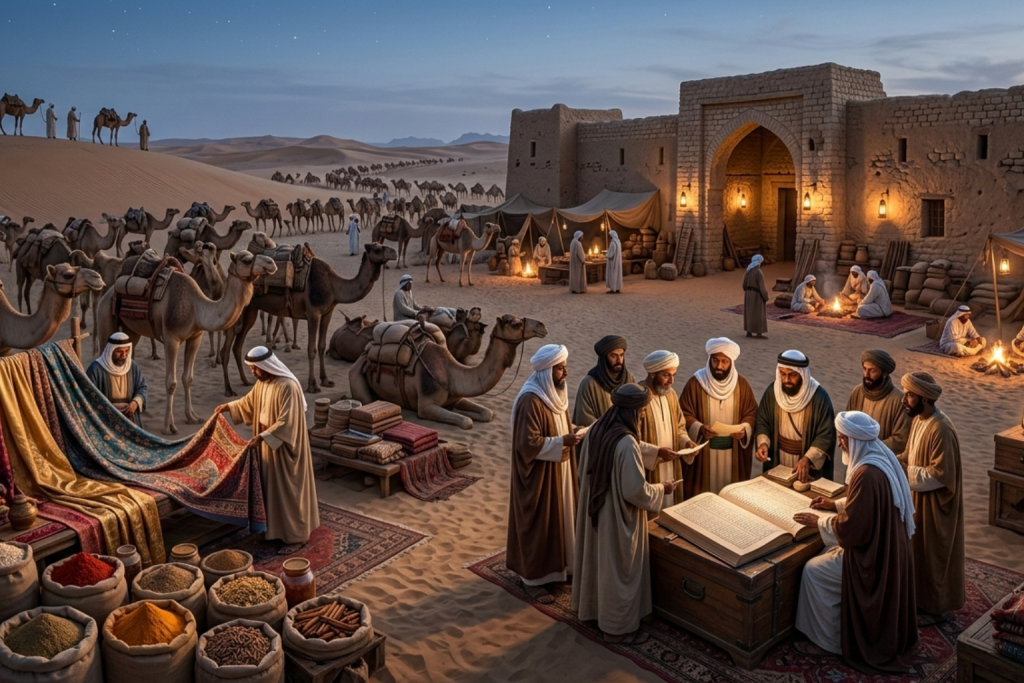 الصورة مولدة عبر الذكاء الاصطناعي: مشهد ليلي في واجهة تجارية صحراوية؛ حيث يجتمع تجار بملابس تقليدية حول دفاتر حسابات ضخمة، وبجوارهم أكوام من التوابل والمنسوجات الفاخرة تحت ضوء الفوانيس.