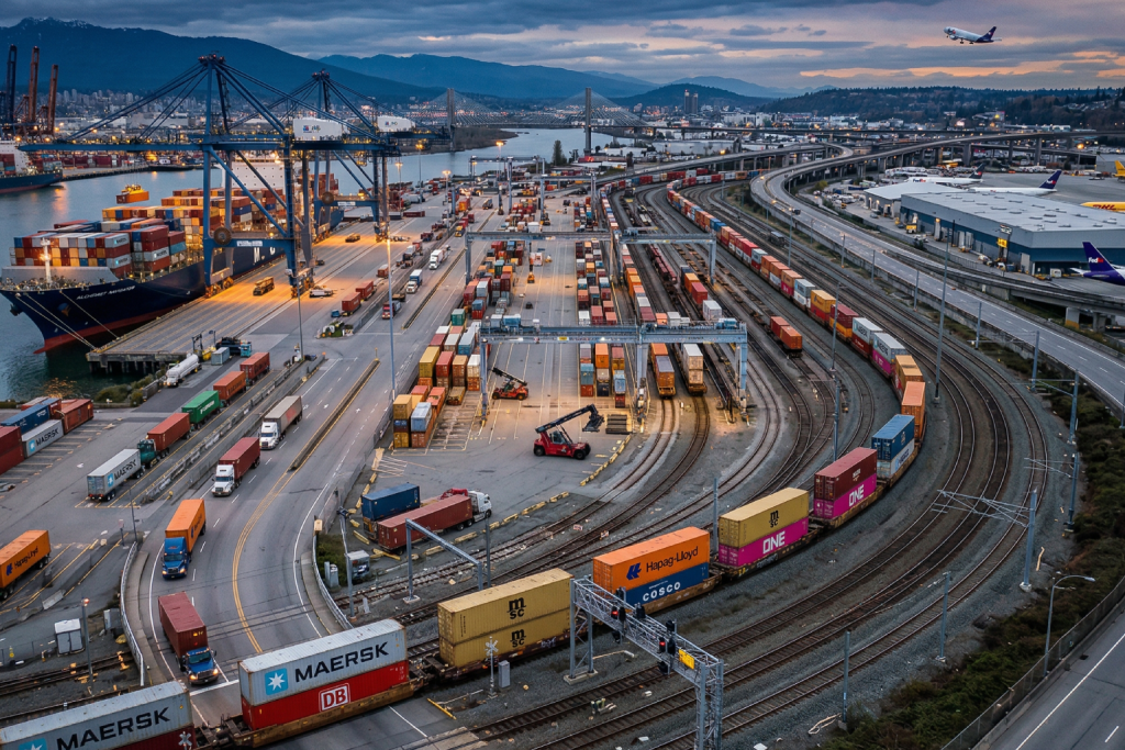 صورة تم توليدها بالذكاء الاصطناعي تُظهر نظرة شاملة من أعلى (عين طائر) على ميناء حاويات نشط ومزدحم في مدينة فانكوفر، كندا، في وقت متأخر من المساء (الغسق). في الخلفية، تظهر مدينة فانكوفر وجبال غطتها الثلوج وجسر ليونز جيت المتلألئ بالأنوار. في الميناء، ترسو سفينة حاويات ضخمة "Alchi Navigator" محملة بالبضائع، وتعمل رافعات حاويات زرقاء عملاقة على تفريغها. ساحة الميناء مليئة بصفوف من الحاويات الملونة وشاحنات نقل الحاويات التي تتحرك في الممرات. كما تظهر خطوط سكة حديد طويلة وقطارات محملة بالحاويات. على اليمين، يظهر طريق سريع ملتف ومزدحم بالسيارات. سماء الميناء مليئة بسحب ركامية داكنة، مع غروب شمس برتقالي باهت، وطائرة شحن "FedEx" تقلع من مطار فانكوفر الدولي القريب. اضغط لعرض الصورة بحجم كامل.