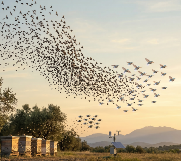 تم توليد الصورة عن طريق الذكاء الاصطناعي  مشهد يدمج بين الطبيعة والتكنولوجيا، حيث يظهر سرب ضخم من الطيور الحقيقية يتداخل مع طيور آلية (روبوتات طائرة) فوق حقل من الزيتون وخلايا نحل خشبية، مما يرمز لتعلم الآلة من السلوك الجماعي للطبيعة عند الغسق 