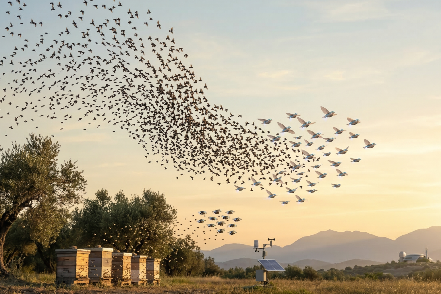 تم توليد الصورة عن طريق الذكاء الاصطناعي مشهد يدمج بين الطبيعة والتكنولوجيا، حيث يظهر سرب ضخم من الطيور الحقيقية يتداخل مع طيور آلية (روبوتات طائرة) فوق حقل من الزيتون وخلايا نحل خشبية، مما يرمز لتعلم الآلة من السلوك الجماعي للطبيعة عند الغسق