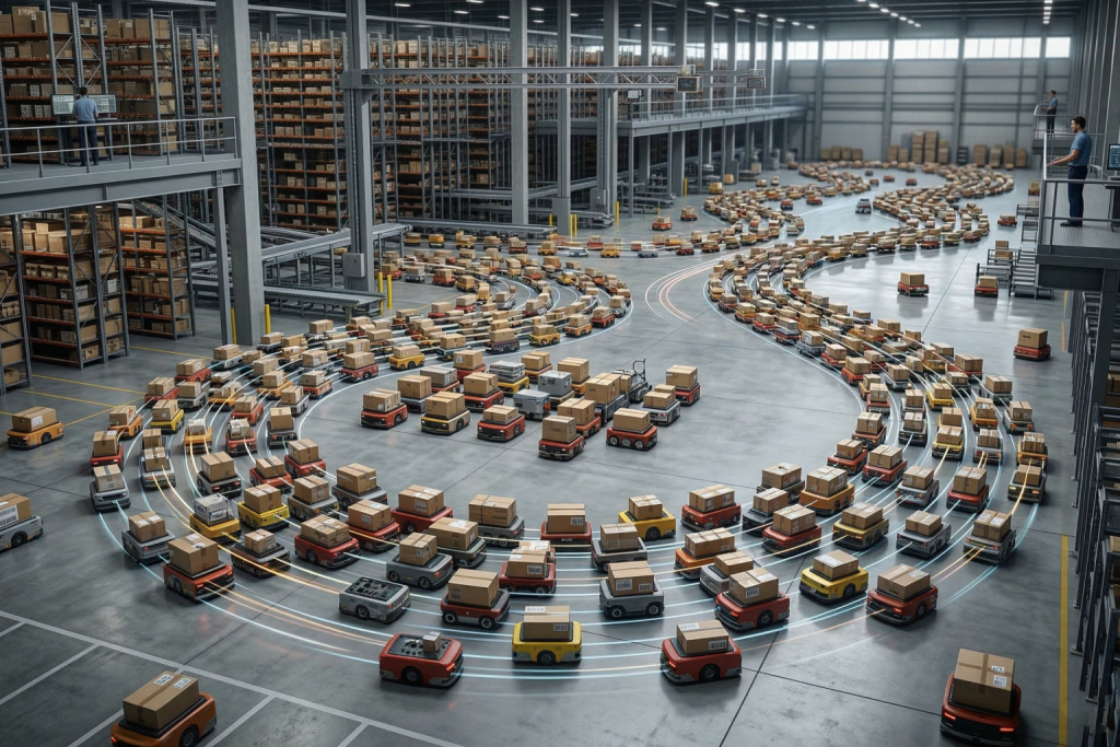 باليه الطرود: التنظيم الذاتي للروبوتات أضغط من اجل عرض الصورة بشكل كامل تم توليد الصورة عن طريق الذكاء الاصطناعي. منظر علوي لمستودع ضخم تتدفق فيه مئات الروبوتات البرتقالية الصغيرة الحاملة للطرود في مسارات منحنية ومنظمة تشبه حركة أسراب النمل، مما يظهر الكفاءة العالية في النقل اللامركزي.