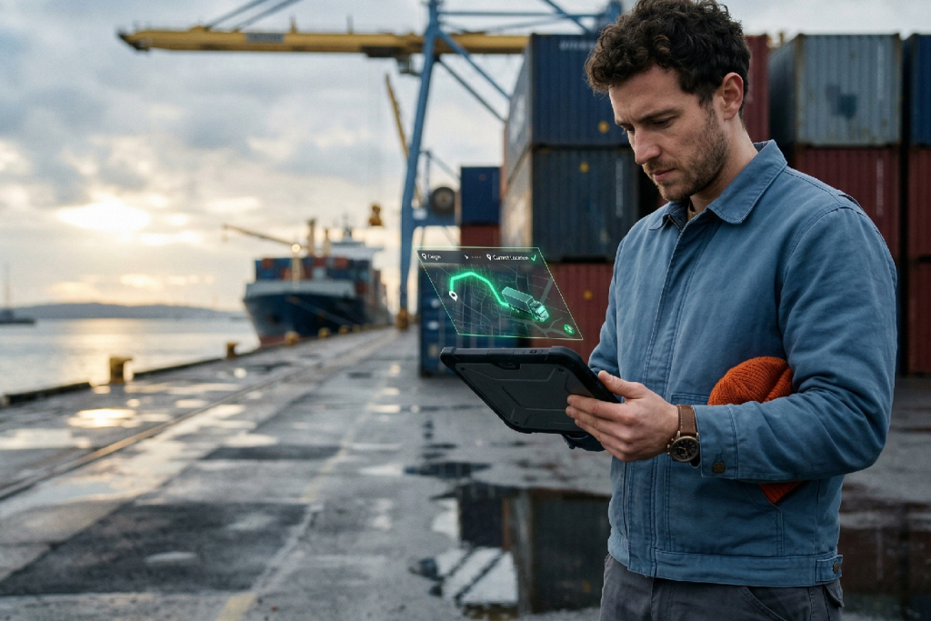 صورة مولدة بالذكاء الاصطناعي لشاب يرتدي ملابس عمل عصرية في ميناء، ينظر بتركيز إلى جهاز لوحي يعرض مسار شاحنة عبر نظام تتبع (GPS)، مع خلفية لحاويات شحن ضخمة.