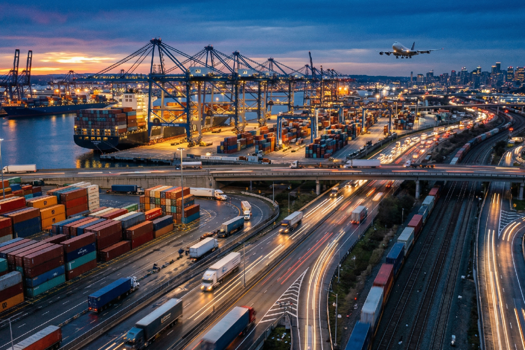 صورة مولدة بالذكاء الاصطناعي لميناء حاويات حديث وقت الغروب، تظهر فيه رافعات ضخمة، سفينة شحن عملاقة، وطرق سريعة مكتظة بالشاحنات مع طائرة شحن تحلق في السماء، تجسيداً لسرعة وضخامة اللوجستيات المعاصرة.