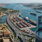 الصورة مولدة عبر الذكاء الاصطناعي: مشهد بانورامي يجمع بين الماضي والحاضر؛ حيث تمر قافلة من الإبل بجوار طريق سريع حديث وجسر معلق عملاق فوق مضيق البوسفور، وفي المقدمة غرفة تحكم رقمية تراقب حركة الملاحة العالمية 