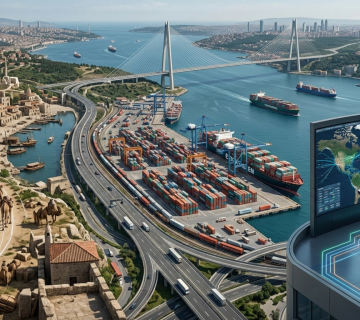 الصورة مولدة عبر الذكاء الاصطناعي: مشهد بانورامي يجمع بين الماضي والحاضر؛ حيث تمر قافلة من الإبل بجوار طريق سريع حديث وجسر معلق عملاق فوق مضيق البوسفور، وفي المقدمة غرفة تحكم رقمية تراقب حركة الملاحة العالمية 
