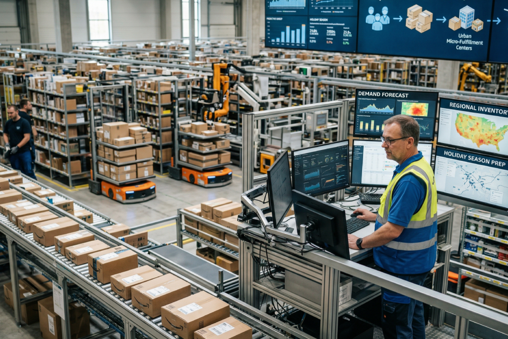 صورة تم توليدها بالذكاء الاصطناعي تُظهر عاملاً في مركز تنفيذ طلبيات محلي يرتدي خوذة بيضاء وسترة عمل صفراء برتقالية، يقف أمام شاشات عرض متعددة تعرض بيانات ومعلومات عن تنفيذ الطلبيات. ينظر العامل بتركيز إلى شاشة جهاز كمبيوتر أمامه، ويستخدم لوحة المفاتيح والماوس للتفاعل مع البيانات. في الخلفية، تظهر رفوف تخزين شاهقة مليئة بالصناديق الكرتونية، وسيارات شحن ذاتية القيادة (AMRs) تتحرك على طول مسارات أرضية مرسومة، ورافعات شوكية آلية، وممرات نقل (سير ناقل) محملة بالبضائع. شاشات عرض أخرى تعرض مخططات ورسوماً بيانية وبيانات أخرى عن تنفيذ الطلبيات. أجواء مركز التنفيذ هادئة واحترافية، مع تركيز تام على مراقبة حركة الطلبيات. اضغط لعرض الصورة بحجم كامل.