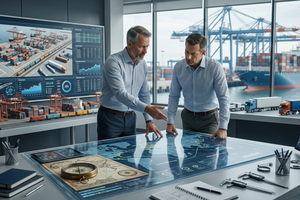 الصورة مولدة عبر الذكاء الاصطناعي: مشهد داخلي لمكتب تخطيط استراتيجي يطل على ميناء حيوي؛ حيث يظهر خبيران في اللوجستيات يتبادلان النقاش حول طاولة تفاعلية رقمية تعرض خريطة العالم ومسارات الشحن، وتحيط بهما نماذج مصغرة لشاحنات وقطارات وشاشات بيانات تحليلية، مما يبرز الدمج بين الخبرة البشرية والتكنولوجيا المتقدمة.