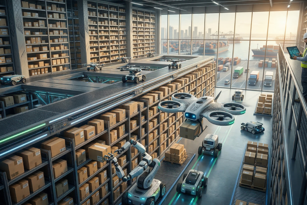 الكفاءة القصوى: من الموانئ إلى الأرفف أضغط من اجل عرض الصورة بشكل كامل تم توليد الصورة عن طريق الذكاء الاصطناعي. مستودع ضخم يطل على ميناء بحري، تظهر فيه طائرات درون "مجنحة" (تشبه البوم) تنقل الطرود، بينما تعمل الأذرع الآلية والمركبات الأرضية في تناغم تام تحت إشراف بشري تقني.