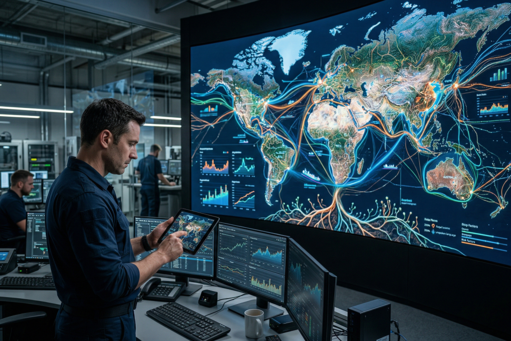 صورة تم توليدها بالذكاء الاصطناعي تُظهر مشغل غرفة تحكم لوجستية عالمية في غرفة تحكم حديثة ومظلمة، محاطة بشاشات عرض متعددة تعرض بيانات ومعلومات عن حركة الشحن العالمية. ينظر المشغل، الذي يرتدي ملابس عمل زرقاء، بتركيز إلى جهاز لوحي في يده، ويستخدم أصبعه للتمرير على الشاشة. في الخلفية، تظهر شاشة عرض كبيرة تعرض خريطة عالمية تفاعلية مع خطوط ملونة تمثل مسارات الشحن العالمية والبيانات ذات الصلة. شاشات عرض أصغر أخرى تعرض مخططات ورسوماً بيانية وبيانات أخرى. أجواء غرفة التحكم هادئة واحترافية، مع تركيز تام على مراقبة حركة الشحن. اضغط لعرض الصورة بحجم كامل.