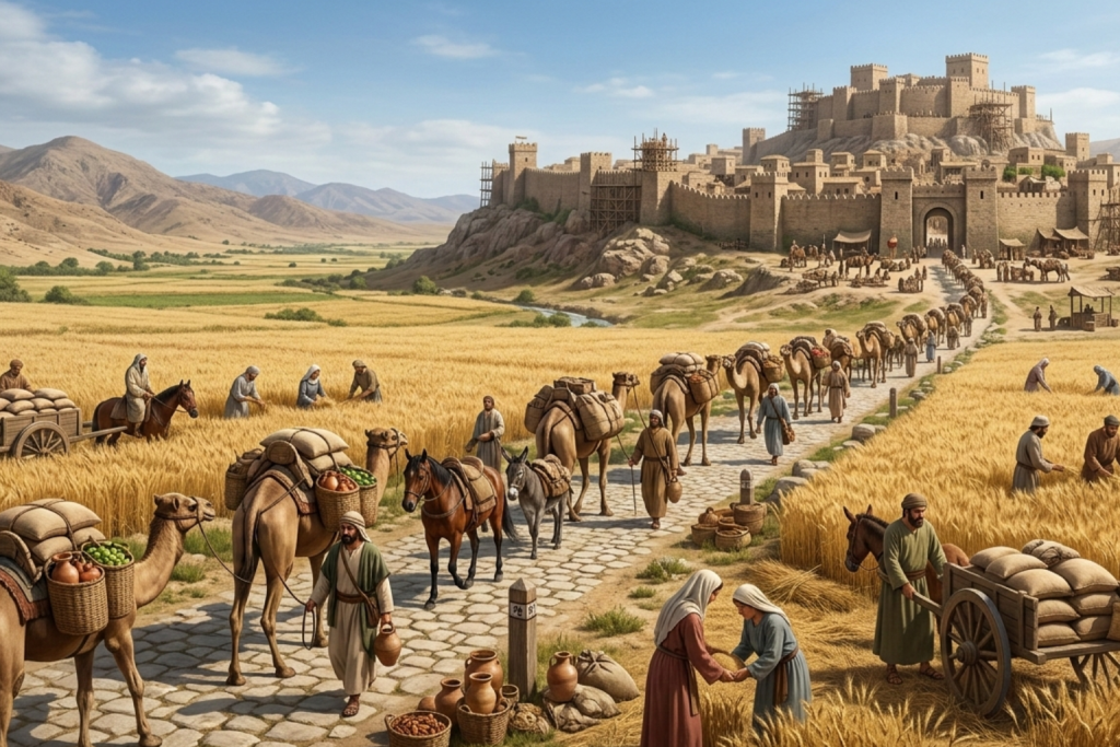 الصورة مولدة عبر الذكاء الاصطناعي: مشهد تاريخي يصور قافلة تجارية محملة بالبضائع تمر عبر طريق حجري وسط مزارع القمح الذهبية، وفي الأفق قلعة ضخمة قيد الإنشاء تمثل بزوغ فجر الدول المنظمة.