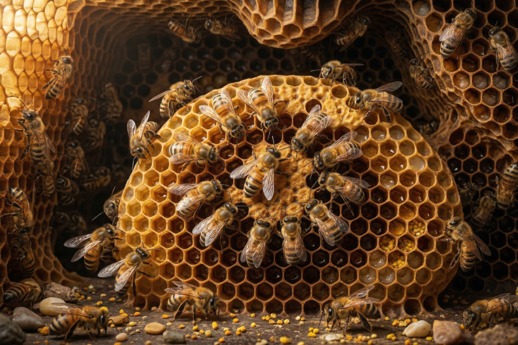 معمارية الشهد: هندسة الكفاءة الفطرية أضغط من اجل عرض الصورة بشكل كامل تم توليد الصورة عن طريق الذكاء الاصطناعي. لقطة قريبة ومفصلة لخلية نحل حية، حيث تعمل النحلات بنظام فائق الدقة على أقراص الشمع السداسية، مما يبرز مفهوم التوزيع الذكي للمهام والتعاون اللامركزي.