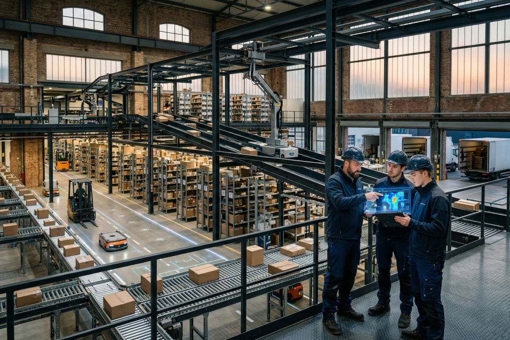 صورة تم توليدها بالذكاء الاصطناعي تُظهر ثلاثة مهندسين لوجستيين، يرتدون سترات عمل زرقاء وخوذات واقية، واقفين على منصة مرتفعة في مركز توزيع حديث. ينظر المهندسون بتركيز إلى شاشة جهاز لوحي شفاف يظهر عليه رسم بياني ملون (خريطة حرارية) للبيانات. في الخلفية، تظهر رفوف تخزين شاهقة مليئة بالصناديق الكرتونية، وسيارات شحن ذاتية القيادة (AMRs) تتحرك على طول مسارات أرضية مرسومة، ورافعات شوكية آلية، وممرات نقل (سير ناقل) محملة بالبضائع، وفتحات تحميل على رصيف الميناء مفتوحة تظهر شاحنات نقل متوقفة بالخارج. تصميم مركز التوزيع عصري ومبني من الفولاذ الداكن مع جدران من الطوب ونوافذ زجاجية كبيرة، مما يوفر رؤية واسعة للمنشأة بأكملها. اضغط لعرض الصورة بحجم كامل.