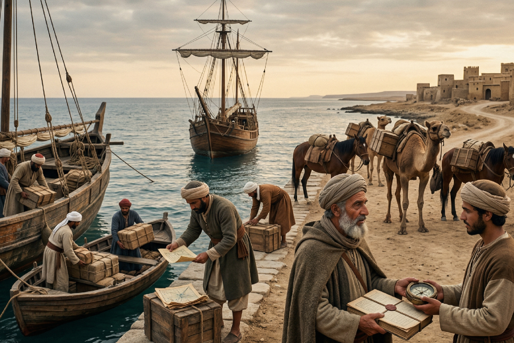 صورة مولدة بالذكاء الاصطناعي لميناء قديم يجمع بين السفن الشراعية والقوافل، حيث يظهر تجار بملابس تقليدية يتبادلون الخرائط والبوصلات وصناديق البضائع، مما يعكس تطور طرق التجارة البحرية والبرية.