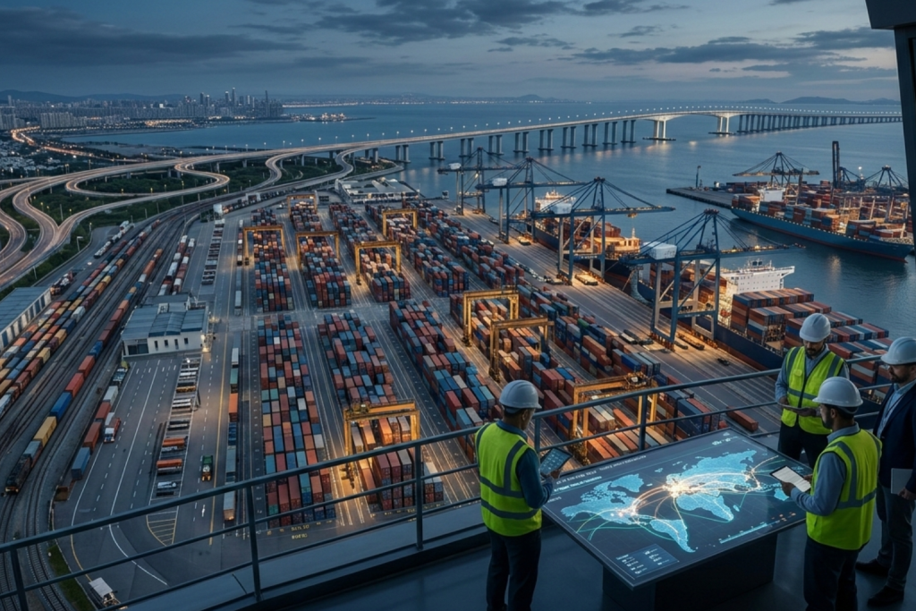 الصورة مولدة عبر الذكاء الاصطناعي: لقطة ليلية مهيبة من زاوية مرتفعة لميناء حاويات عملاق ينبض بالحياة والإضاءة، وفي المقدمة يقف فريق من المهندسين والمشرفين بملابس السلامة يراقبون العمليات من شرفة عالية باستخدام شاشة رقمية تعرض شبكة الربط العالمية، بينما يمتد جسر طويل فوق البحر ليربط المدينة بالميناء.