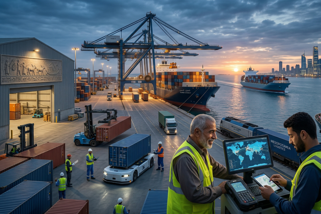 صورة مولدة بالذكاء الاصطناعي لميناء شحن حديث عند الغروب، حيث الرافعات العملاقة ترفع الحاويات من السفن إلى الأرصفة. العمال يرتدون خوذًا وسترات عاكسة، والآلات الحديثة مثل الشاحنات والرافعات الشوكية تنقل الحاويات بكفاءة.