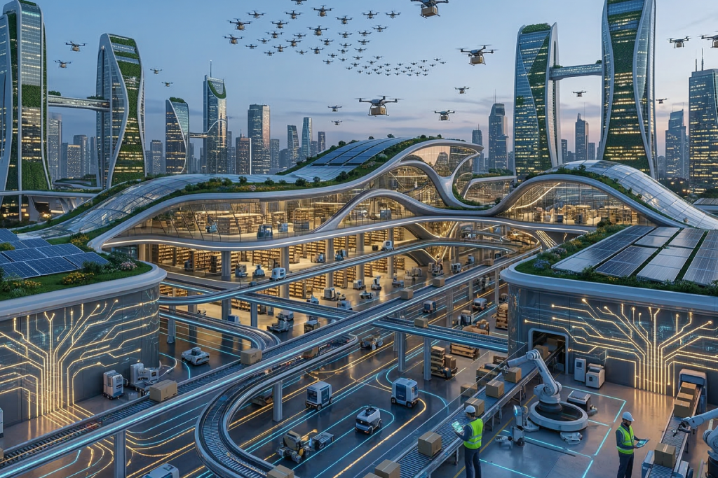 يوتوبيا اللوجستيات: مدن تنبض بالذكاء أضغط من اجل عرض الصورة بشكل كامل تم توليد الصورة عن طريق الذكاء الاصطناعي. مشهد لمدينة مستقبلية خضراء حيث تتداخل المباني مع الطبيعة، وتملأ السماء أسراب منظمة من طائرات الدرون التي توصل الطلبات، مع وجود مراكز لوجستية شفافة تعمل بالكامل بالذكاء الاصطناعي.