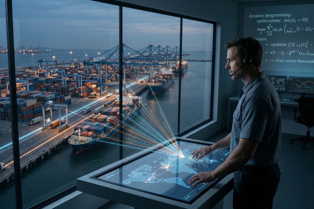 صورة مولدة بالذكاء الاصطناعي لغرفة تحكم لوجستية رقمية، يظهر فيها تقني يرتدي سماعة رأس ويقف أمام شاشات تفاعلية تعرض خرائط عالمية ومعادلات رياضية لإدارة سلاسل الإمداد بدقة متناهية.
