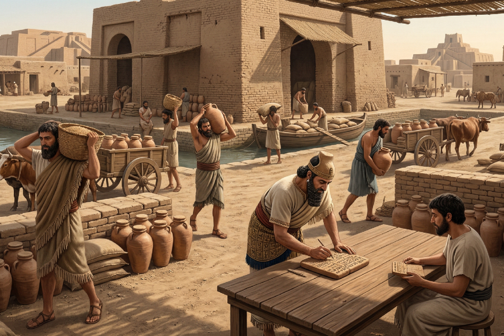 صورة مولدة بالذكاء الاصطناعي لساحة تبادل تجاري في حضارة بلاد الرافدين، تظهر فيها زقورة في الأفق، وعمال ينقلون الجرار الفخارية، بينما يقوم كاتب بتدوين الحسابات على ألواح طينية فوق طاولة خشبية.