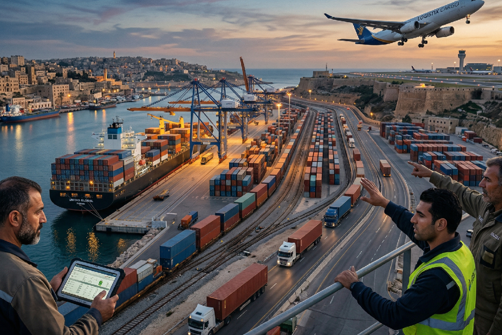 صورة مولدة بالذكاء الاصطناعي لمشهد بانورامي يجمع ميناءً بحرياً، مطاراً، وسككاً حديدية، حيث يعمل مهندسون في المقدمة باستخدام أجهزة لوحية لمراقبة حركة الشحن المتكاملة بين مختلف الوسائط.