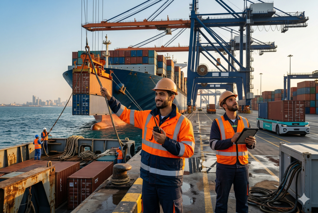 AI-generated image of two maritime workers in orange safety vests standing on a sunny pier next to a massive container ship and industrial cranes.