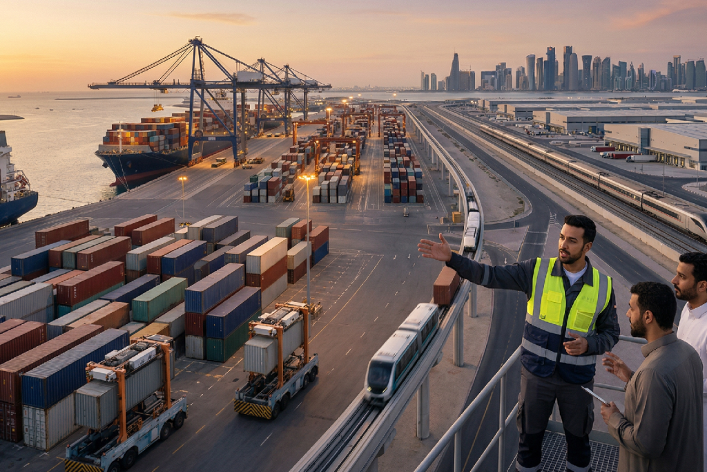 (صورة مولدة بالذكاء الاصطناعي) لمهندس يرتدي سترة عاكسة صفراء وخضراء يقف على جسر مرتفع بميناء حاويات بحري مزدحم، ويشير بيده إلى ساحة الحاويات الضخمة والقطار الخفيف الآلي الذي يسير على مسار مرتفع. يوجد رجال قطريون آخرون خلفه. في الخلفية، تظهر رافعات جسرية عملاقة، سفينة شحن ضخمة، وخط أفق مدينة الدوحة عند الغروب.