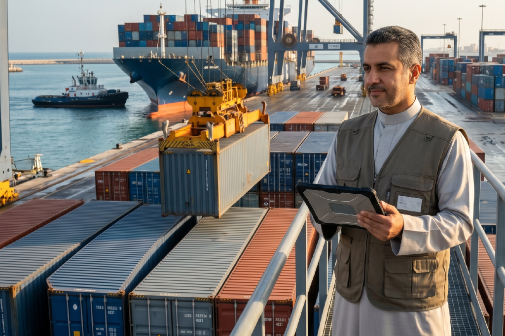 (AI-generated image) featuring a logistics inspector using a tablet to monitor container operations and ensure customs compliance at a busy maritime terminal.