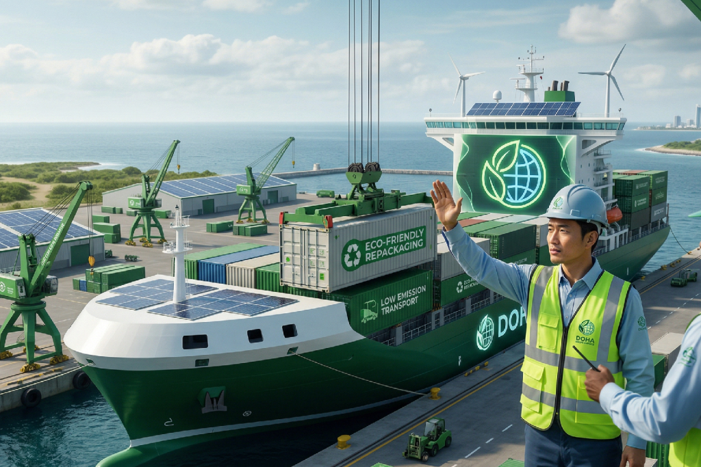 (صورة مولدة بالذكاء الاصطناعي) لمنظر مرتفع يطل على ميناء بحري صديق للبيئة في الدوحة (قطر)، حيث ترسو سفينة شحن خضراء عملاقة ("DOHA LOGISTICS") وتعمل رافعات خضراء. يرتدي المهندسون في المقدمة خوذات صلبة وسترات عاكسة، أحدهم يشير نحو السفينة. تتميز السفينة بشاشات عملاقة تعرض شعارًا بيئيًا (ورقة شجر حول كرة أرضية). توجد توربينات رياح وألواح شمسية على الشاطئ.