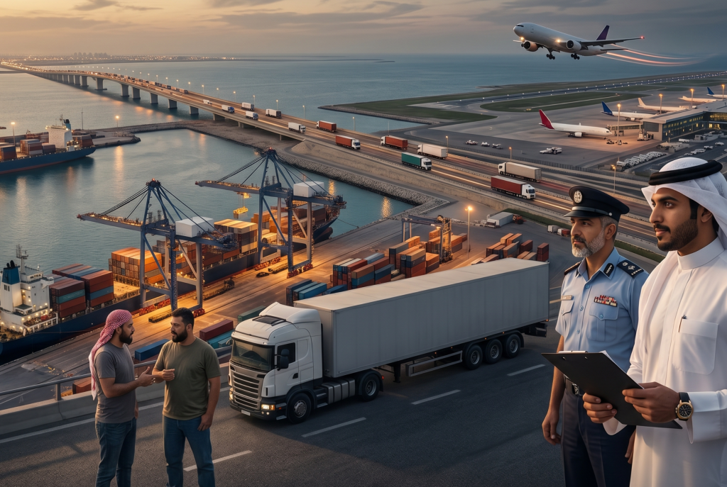 (AI-generated image) capturing a panoramic view of Bahrain's multimodal logistics hub, featuring a sea port, a highway bridge with trucks, and an airplane taking off from a nearby airport.