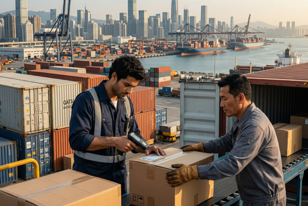 (صورة مولدة بالذكاء الاصطناعي) لعمال في محطة شحن خارجية لميناء، يقوم أحدهم (بقميص أزرق داكن وسترة عاكسة) بمسح باركود على صندوق كرتوني باستخدام ماسح ضوئي، بينما يمسك عامل آخر (بملابس عمل رمادية وقفازات جلدية) الصندوق على سير ناقل. تحيط بهم حاويات شحن مكدسة، وخط أفق المدينة مع رافعات الميناء في الخلفية تحت ضوء الصباح.