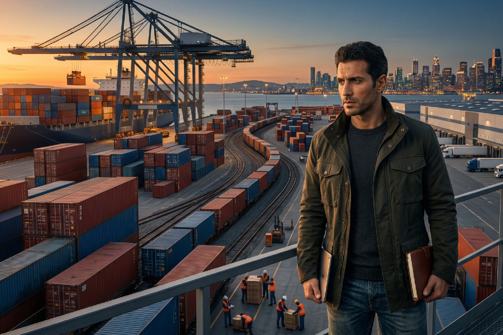 (صورة مولدة بالذكاء الاصطناعي) لرجل يرتدي جاكيت عسكري أخضر داكن فوق بلوفر أسود وجينز أزرق، يقف على جسر مشاة مرتفع يطل على ساحة حاويات ميناء بحري مزدحم عند الغروب. ينظر إلى اليسار بتعبير جاد، ويحمل لابتوب في يده وجهازًا لوحيًا مغلفًا في الأخرى. الرافعات وسفن الشحن وخط أفق المدينة في الخلفية.