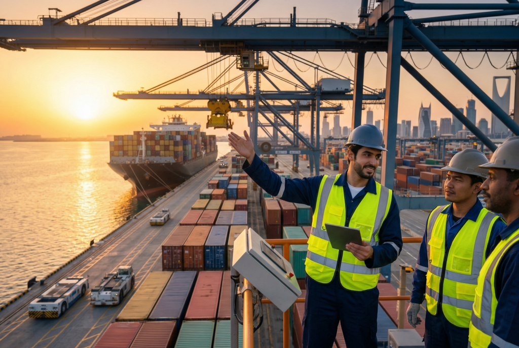 AI-generated image of an engineer pointing towards a container terminal at sunrise, symbolizing the Kingdom's role as a global logistics heart.