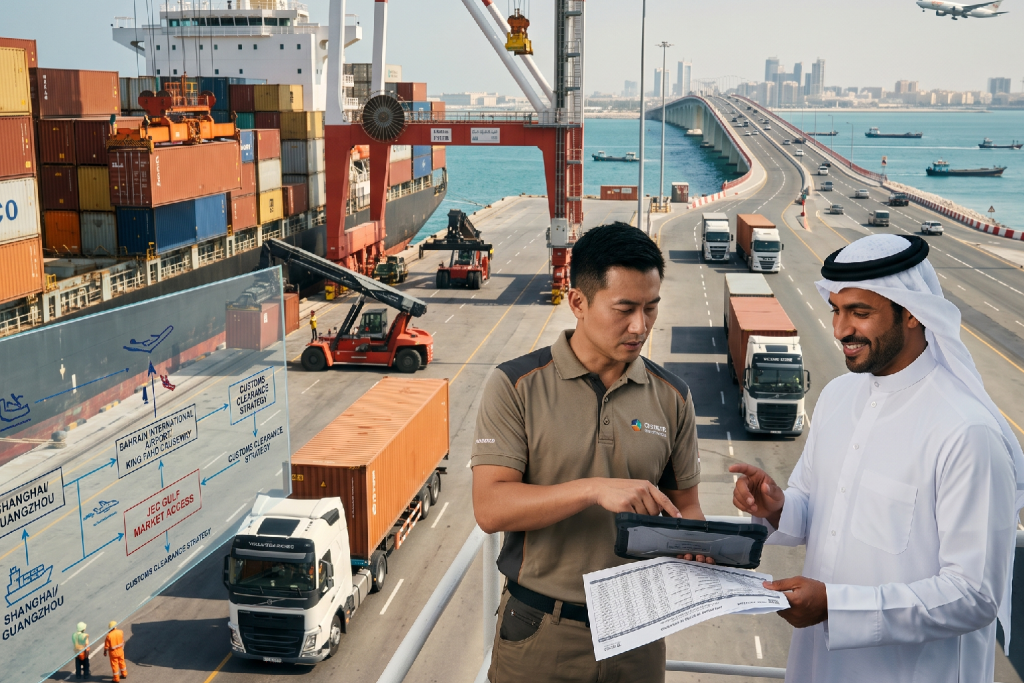 (AI-generated image) of two experts, one in traditional Gulf attire and another in professional workwear, reviewing logistics flowcharts with a port and bridge in the background.