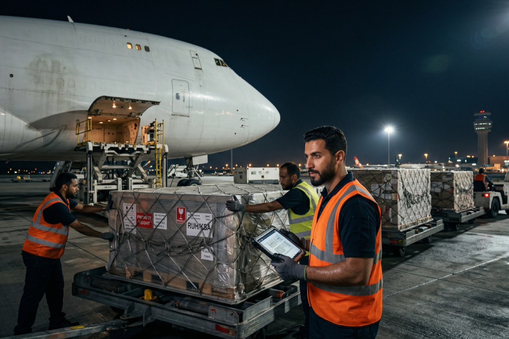 AI-generated image of a cargo handling team at night on an airport tarmac, with a supervisor using a tablet to scan packages while workers push a laden cart towards a wide-body aircraft with an open nose cargo bay.