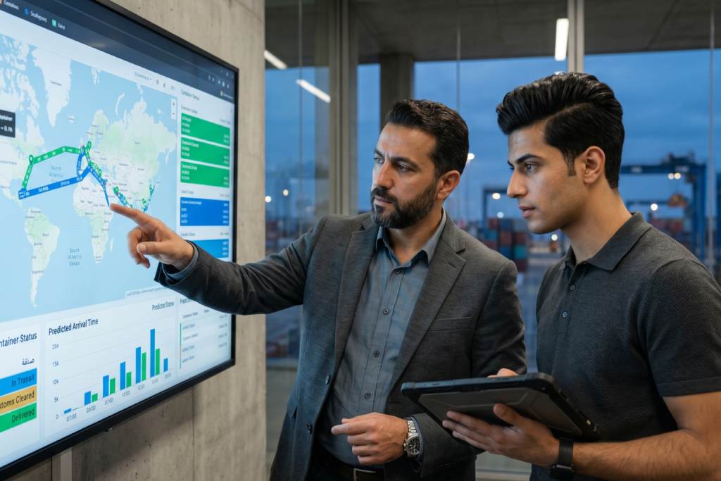 (AI-generated image) of two professionals discussing global supply chain routes on a large digital dashboard showing real-time tracking and predictive arrival analytics.