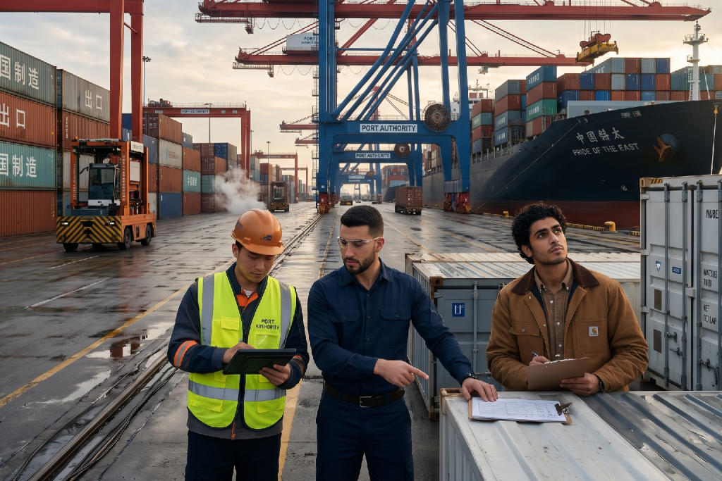 (AI-generated image) showing a diverse team of three logistics professionals standing in a busy Chinese port terminal with 'Pride of the East' vessel and massive cranes in the background.