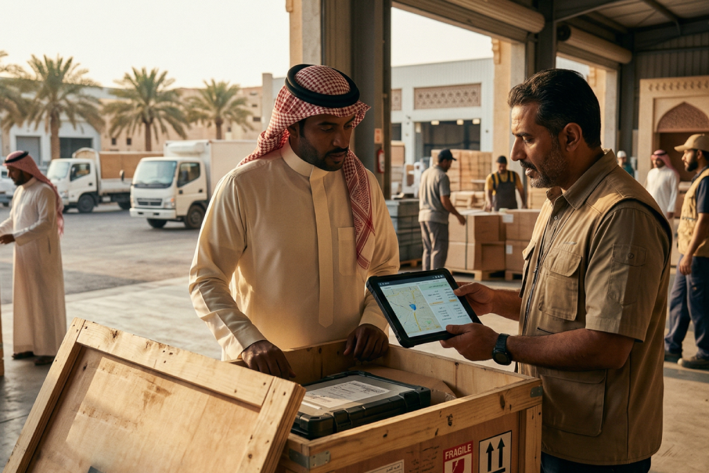 AI-generated image of a man in traditional Saudi attire and a logistics manager inspecting a shipment crate while looking at a digital map on a tablet.