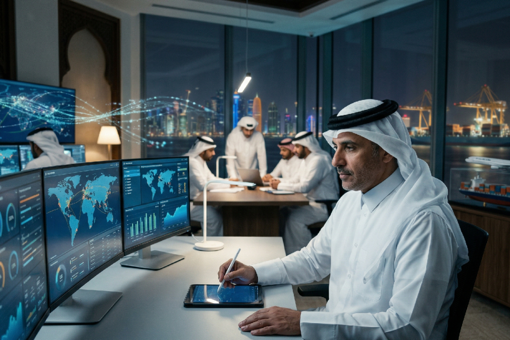 صورة مولدة بالذكاء الاصطناعي) لمركز عمليات تحكم متقدم ليلاً، حيث يجلس رجل قطري يرتدي الثوب والغترة في المقدمة اليمنى، وينظر إلى جهاز لوحي ويستخدم قلمًا إلكترونيًا. تحيط به شاشات متعددة تعرض خرائط وبيانات لوجستية عالمية (خطوط نقل). في الخلفية، يجلس رجال قطريون آخرون حول طاولة اجتماعات. تطل نافذة كبيرة على منظر ليلي لميناء وخط أفق الدوحة المضاء.