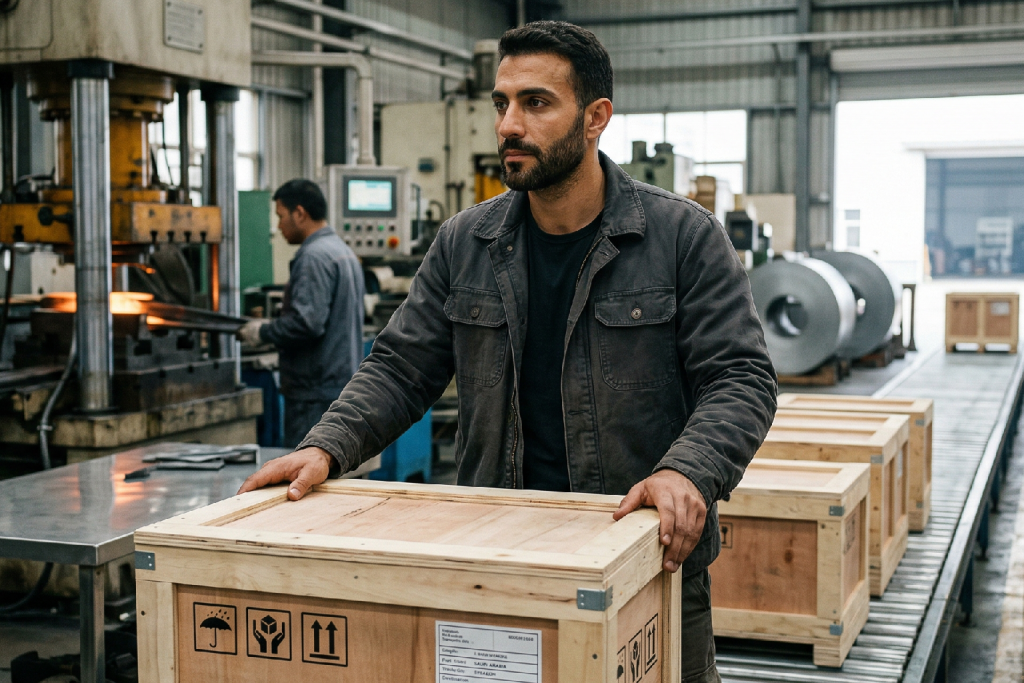 AI-generated image of a focused worker in a modern industrial factory moving a wooden crate, with heavy machinery and glowing molten metal in the background.
