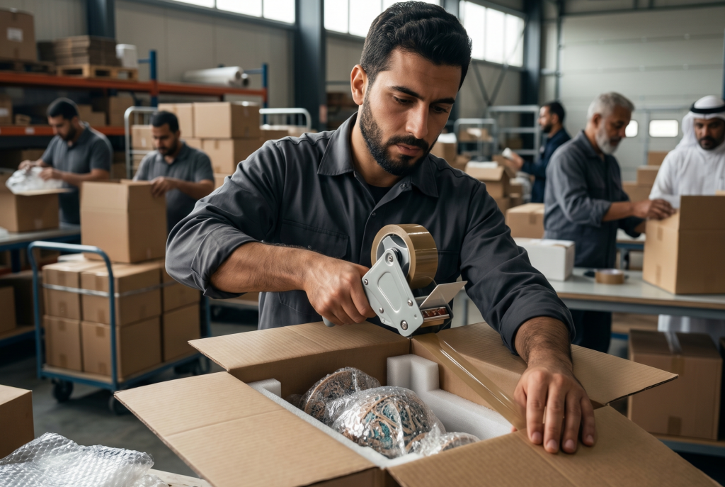 (AI-generated image) of workers in a warehouse meticulously packing and sealing fragile goods with tape and protective materials to ensure safe transit.