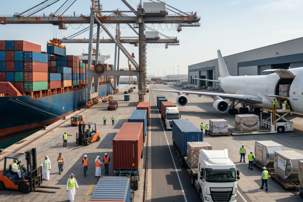 (AI-generated image) showing a bustling multimodal transport hub where cargo is being synchronized between a massive container ship, heavy-duty trucks, and a freight aircraft.