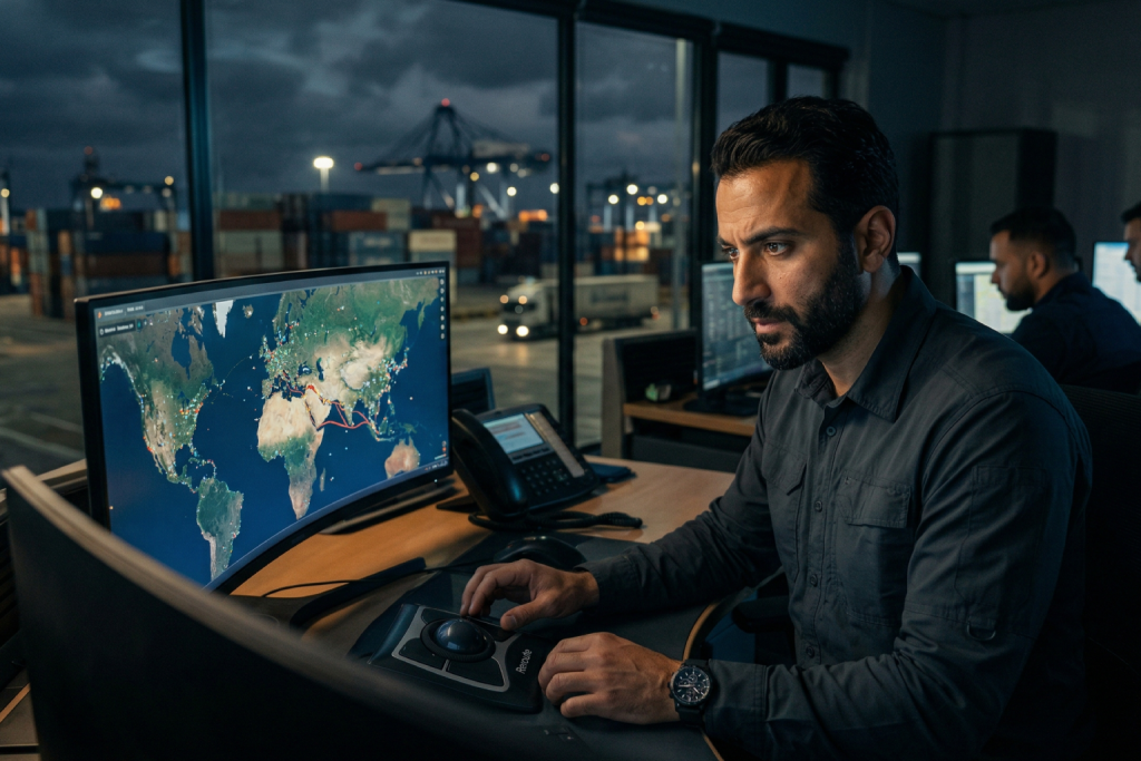 AI-generated image of a logistics professional monitoring global shipping routes on a large curved screen in a high-tech control room overlooking a dark port.