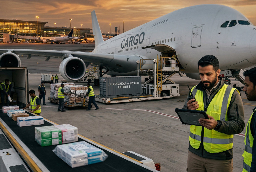 AI-generated image of a logistics officer using a tablet in front of a massive "Cargo" airplane at an airport, with the text "Guangzhou to Riyadh Express" on a container.