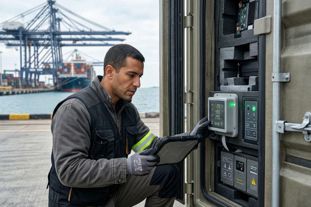 AI-generated image of a technician in a grey jacket checking a digital control panel mounted on a shipping container at a port.