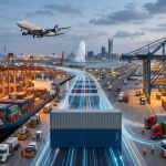 AI generated image of a futuristic logistics hub at sunset, featuring a cargo plane taking off over a busy port with glowing digital data lines connecting ships and trucks 