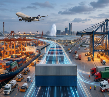 AI generated image of a futuristic logistics hub at sunset, featuring a cargo plane taking off over a busy port with glowing digital data lines connecting ships and trucks 