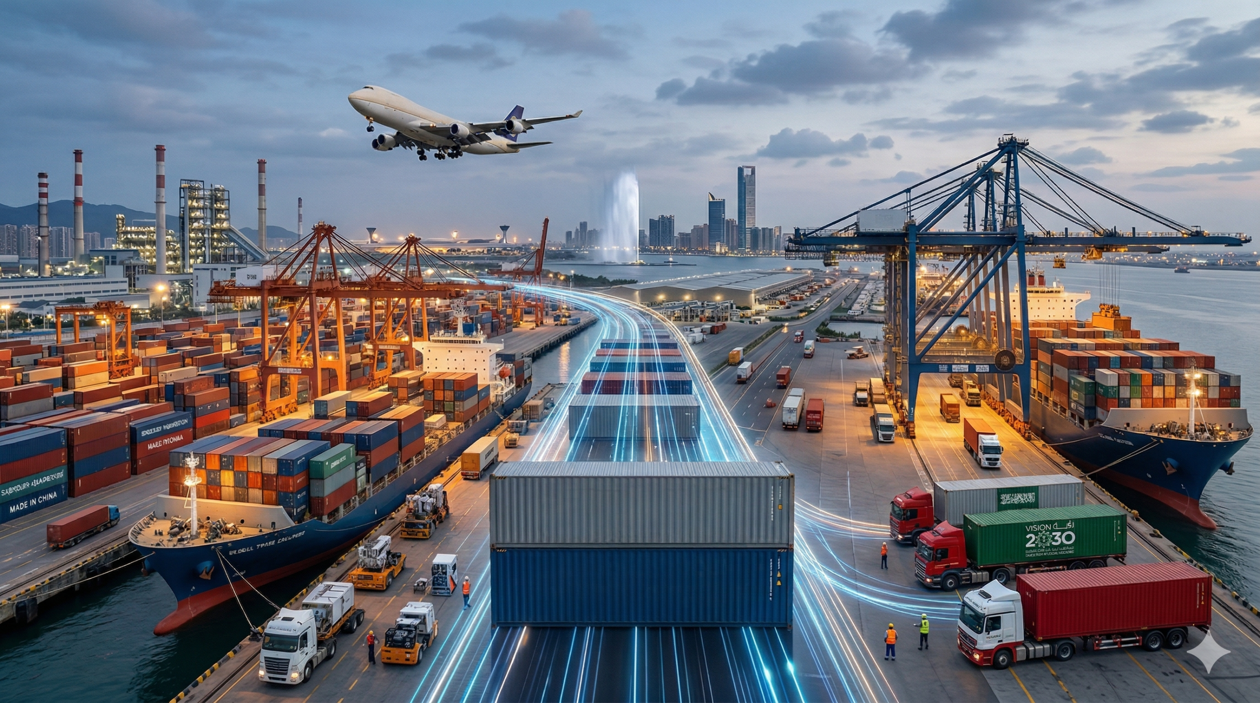 AI generated image of a futuristic logistics hub at sunset, featuring a cargo plane taking off over a busy port with glowing digital data lines connecting ships and trucks 