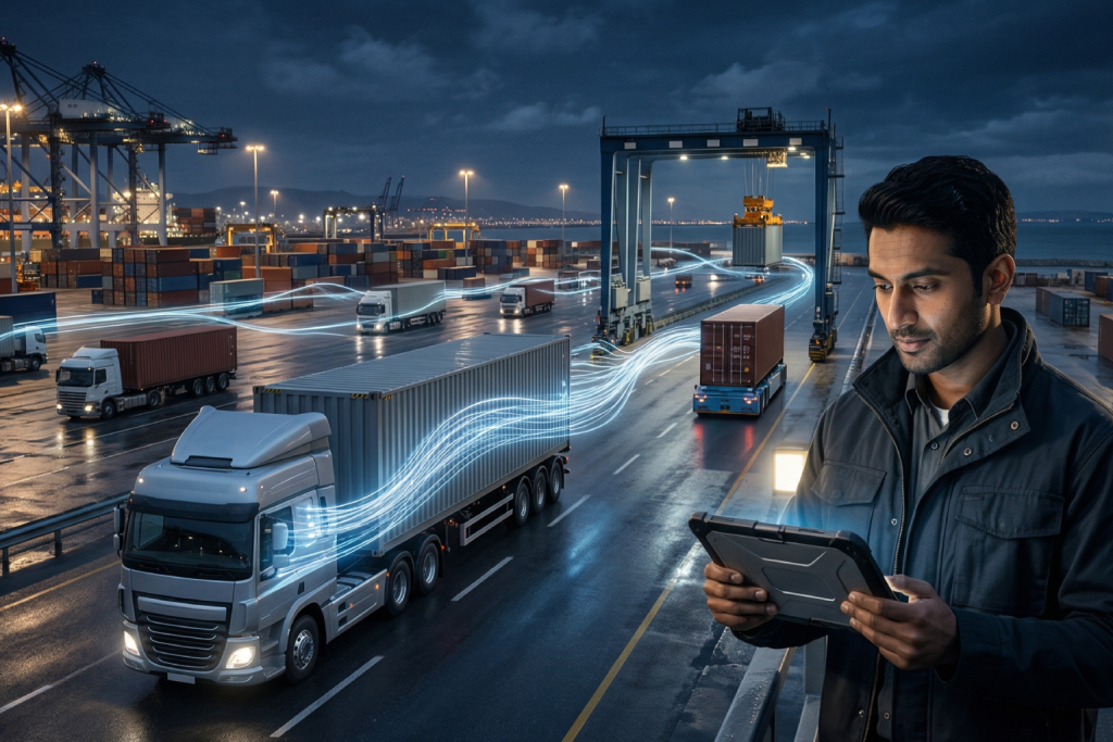 AI-generated image of a logistics manager standing near a highway at night, with digital light trails following cargo trucks as they move from the port.