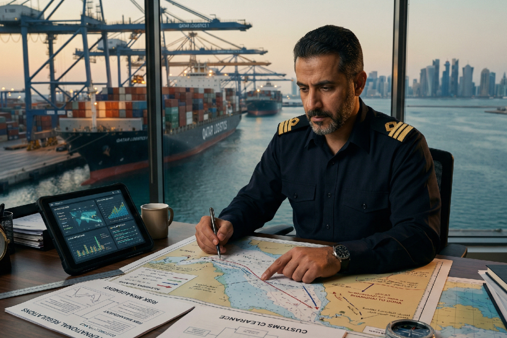 صورة مولدة بالذكاء الاصطناعي) لرجل يرتدي زي قائد سفينة (كابتن) ببدلة بحرية داكنة وشارات رتبة، يجلس على مكتب خشبي أمام نافذة كبيرة تطل على ميناء الدوحة وخط أفق المدينة عند الغروب. ينظر إلى خريطة ملاحة كبيرة مفرودة أمامه، مشيرًا بيده. يوجد جهاز لوحي يعرض بيانات لوجستية على المكتب. سفينة "DOHA LOGISTICS" ترسو في الميناء.