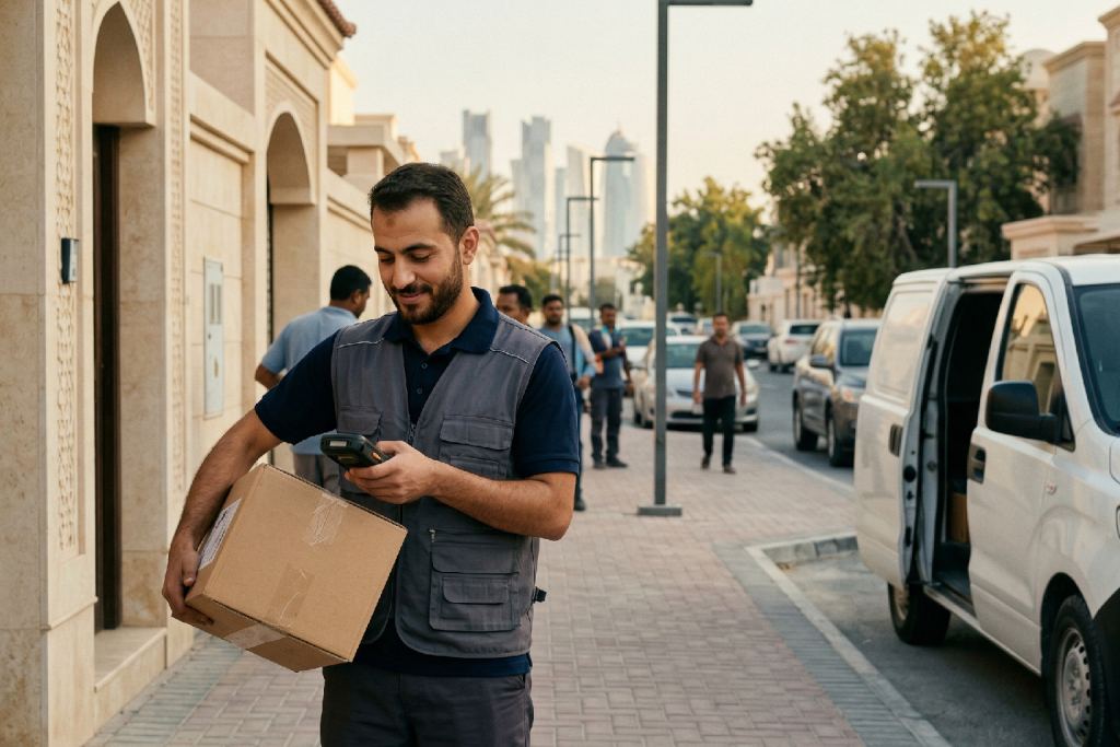 (صورة مولدة بالذكاء الاصطناعي) لعامل توصيل مبتسم يرتدي سترة رمادية فوق قميص بولو أزرق داكن، يقف على رصيف شارع سكني في الدوحة (قطر) وينظر إلى هاتفك الذكي (أو جهاز قراءة الباركود) ويواجه الكاميرا. يحمل صندوقًا كرتونيًا في يده الأخرى. توجد شاحنة بيضاء مفتوحة في الخلفية، ومبانٍ حديثة وخط أفق المدينة البعيد.